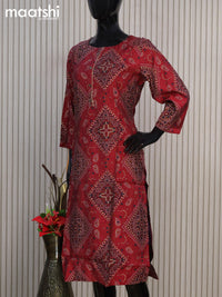 Modal readymade kurti maroon with allover bandhani prints & simple work neck pattern without pant