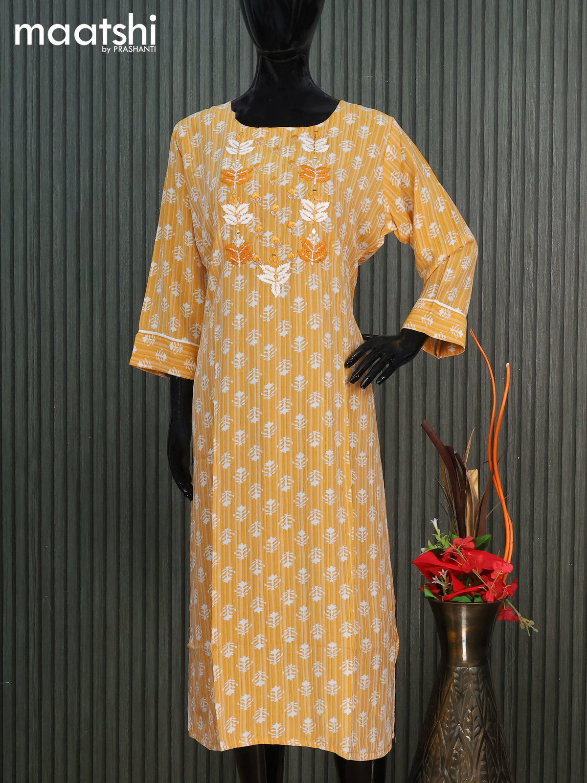 Cotton readymade kurti mustard yellow with allover butta prints & embroidery work neck pattern without pant