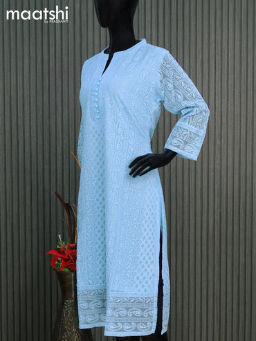 Semi georgette readymade kurti light blue with allover chikankari work & simple neck pattern without pant