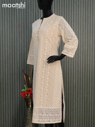 Semi georgette readymade kurti beige with allover chikankari work & simple neck pattern without pant