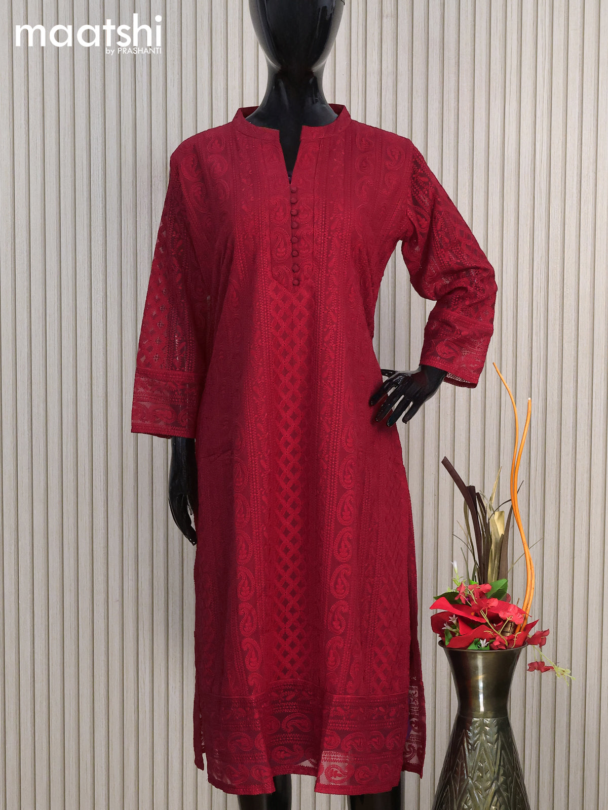 Semi georgette readymade kurti maroon with allover chikankari work & simple neck pattern without pant