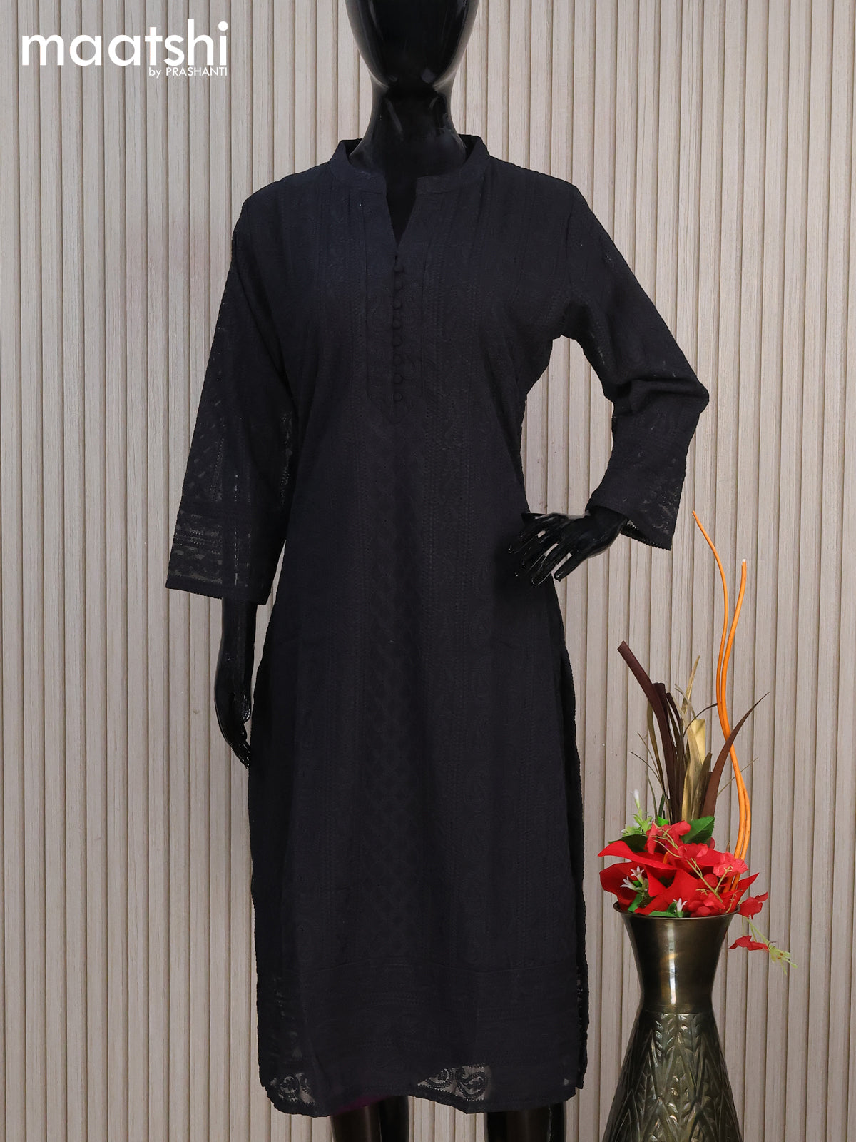 Semi georgette readymade kurti black with allover chikankari work & simple neck pattern without pant