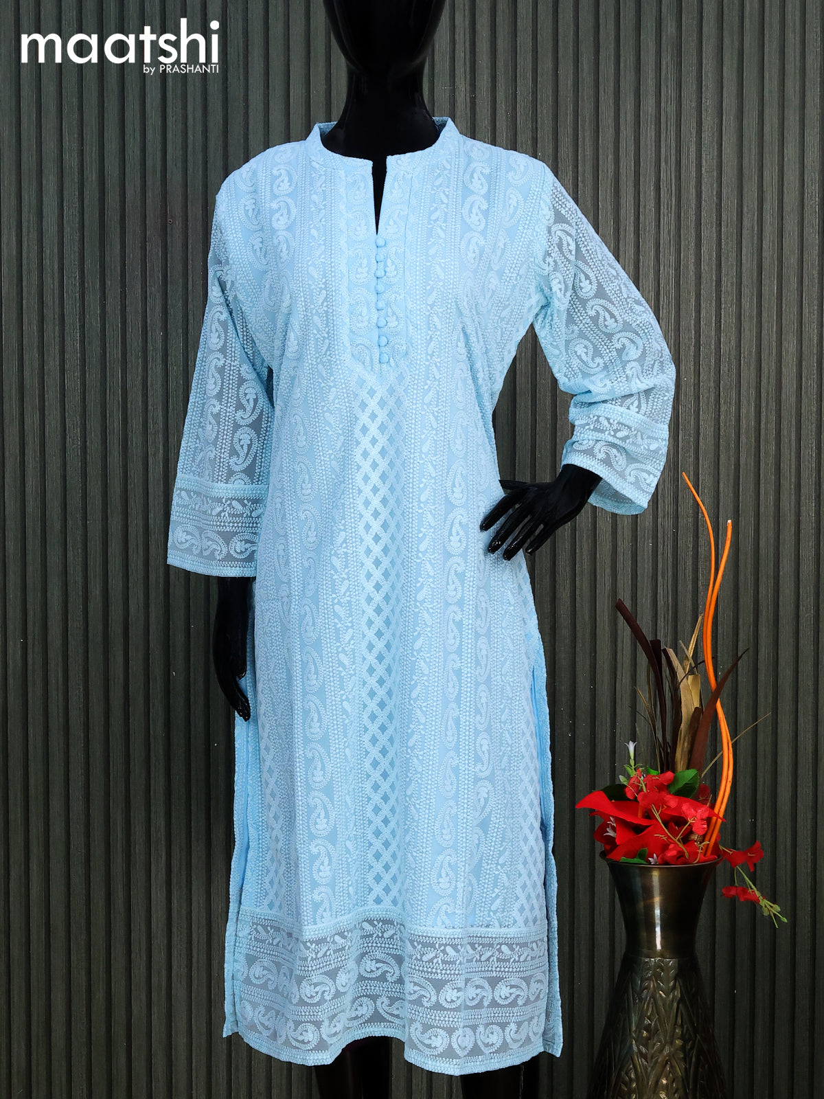 Semi georgette readymade kurti light blue with allover chikankari work & simple neck pattern without pant