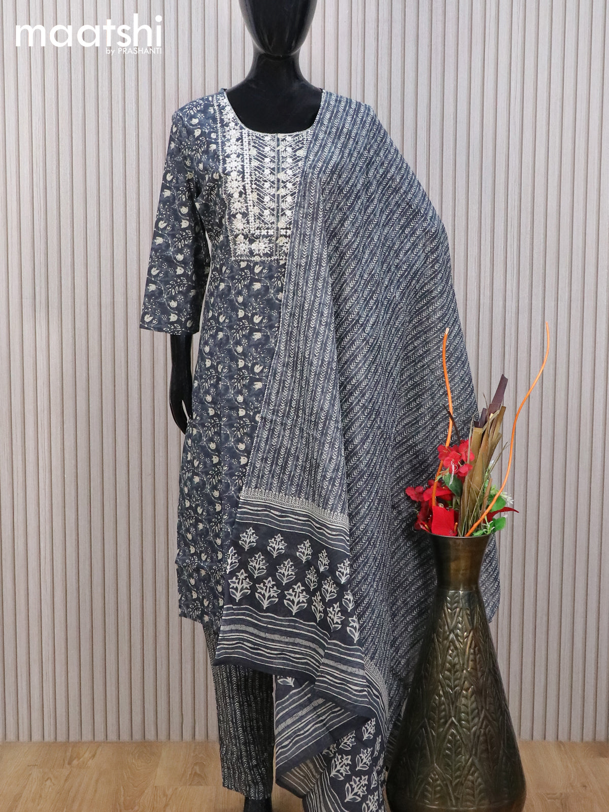 Cotton readymade salwar suit grey with allover prints & embroidery work neck pattern and straight cut pant & cotton dupatta