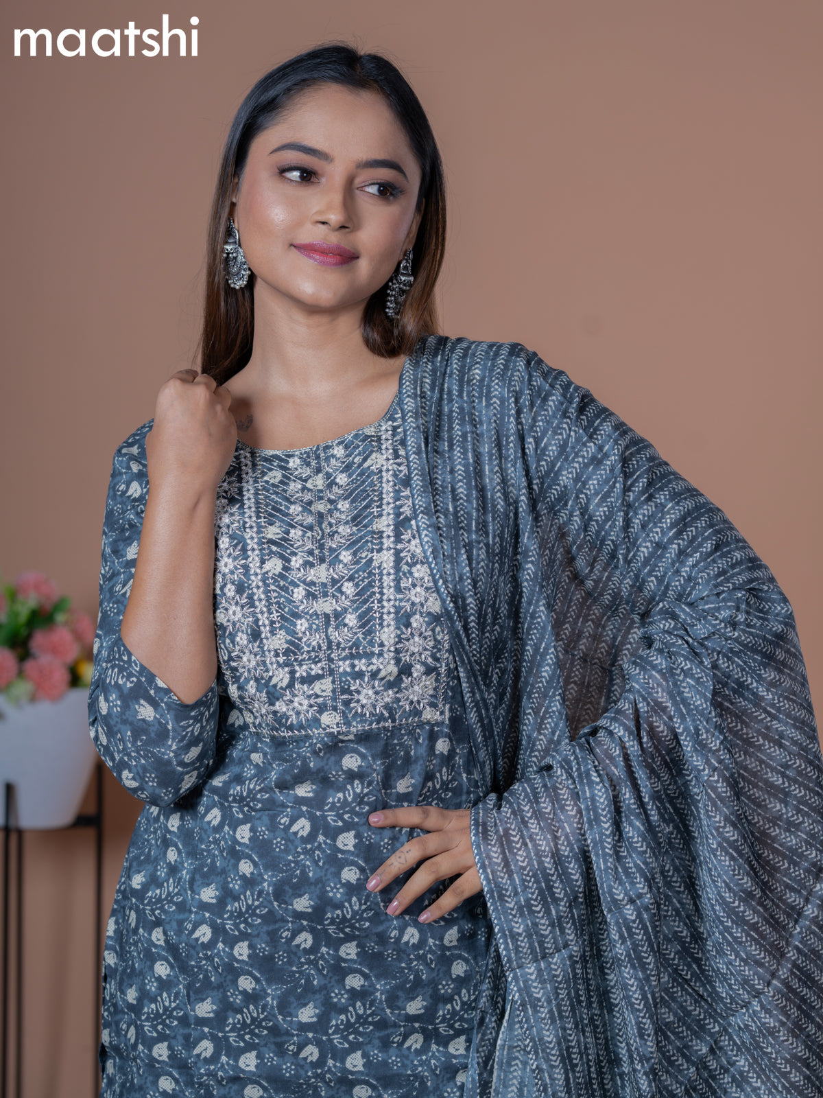 Cotton readymade salwar suit grey with allover prints & embroidery work neck pattern and straight cut pant & cotton dupatta