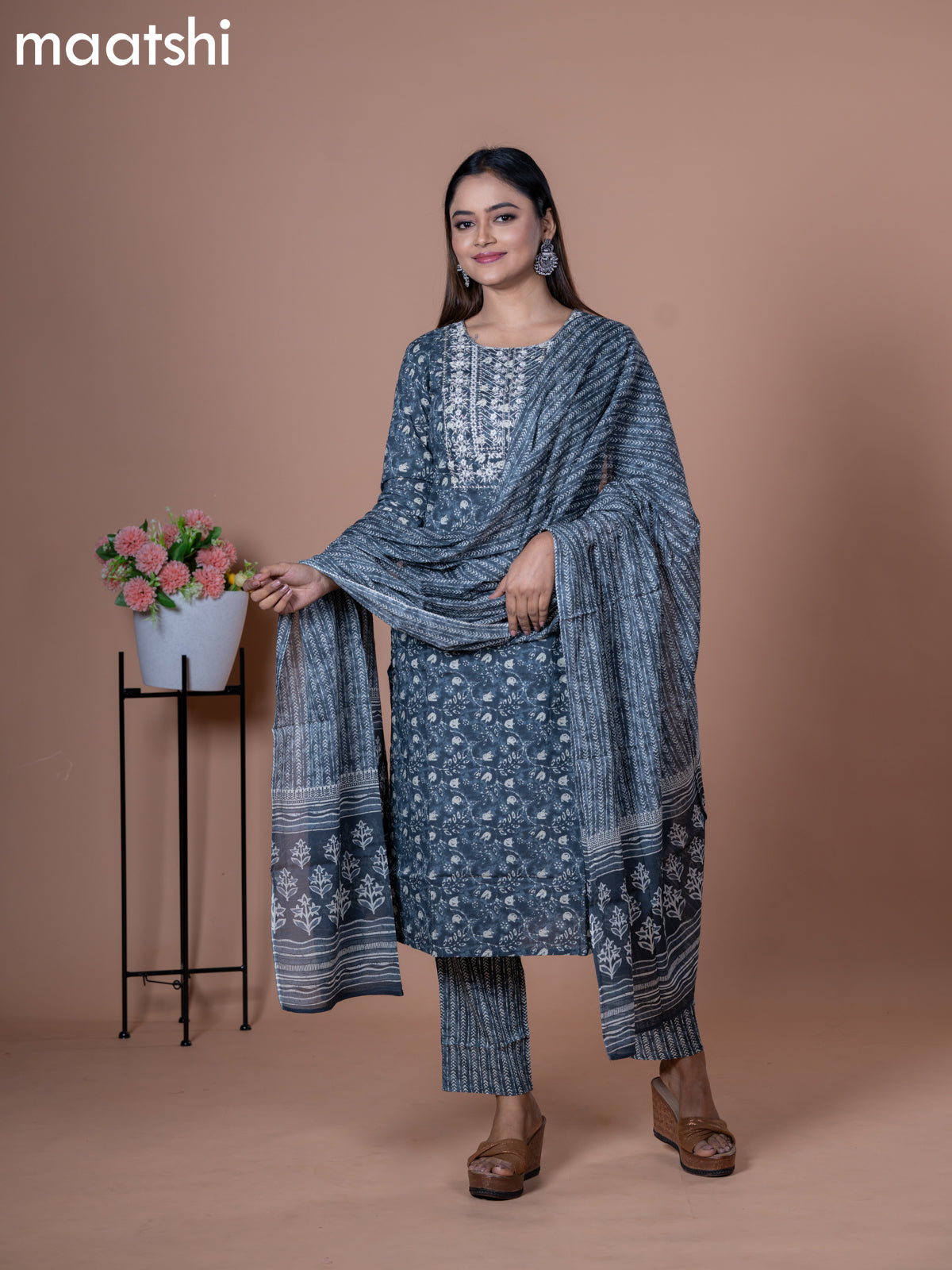 Cotton readymade salwar suit grey with allover prints & embroidery work neck pattern and straight cut pant & cotton dupatta