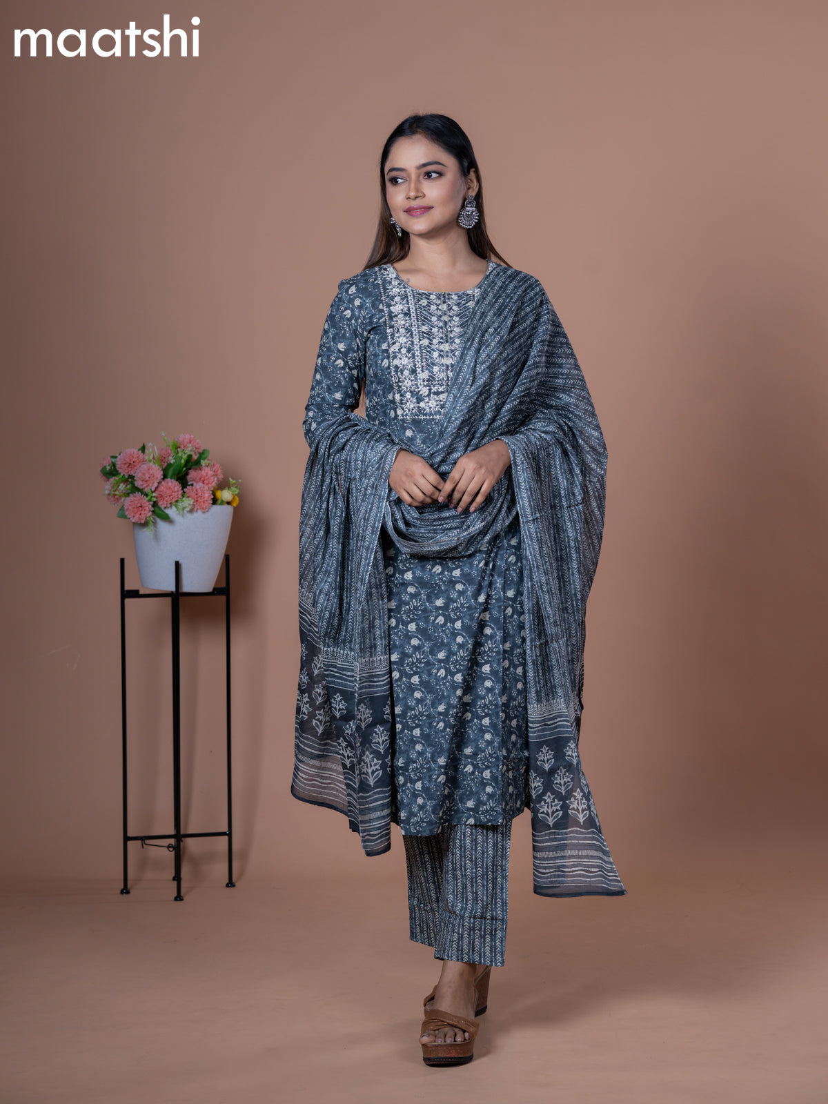 Cotton readymade salwar suit grey with allover prints & embroidery work neck pattern and straight cut pant & cotton dupatta