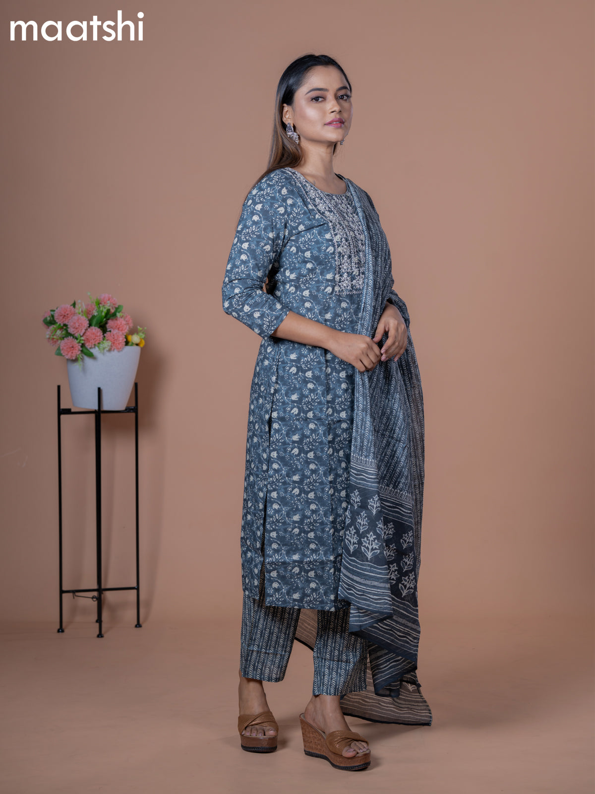 Cotton readymade salwar suit grey with allover prints & embroidery work neck pattern and straight cut pant & cotton dupatta