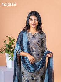 Rayon salwar suit chikku shade and navy blue with floral butta prints & mirror embroidery work and straight cut pant & chiffon sequin work dupatta