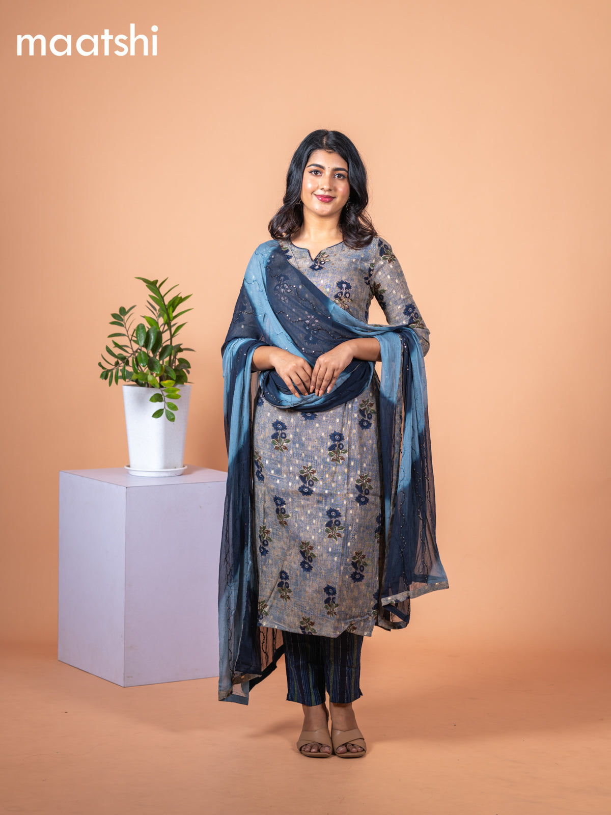 Rayon salwar suit chikku shade and navy blue with floral butta prints & mirror embroidery work and straight cut pant & chiffon sequin work dupatta