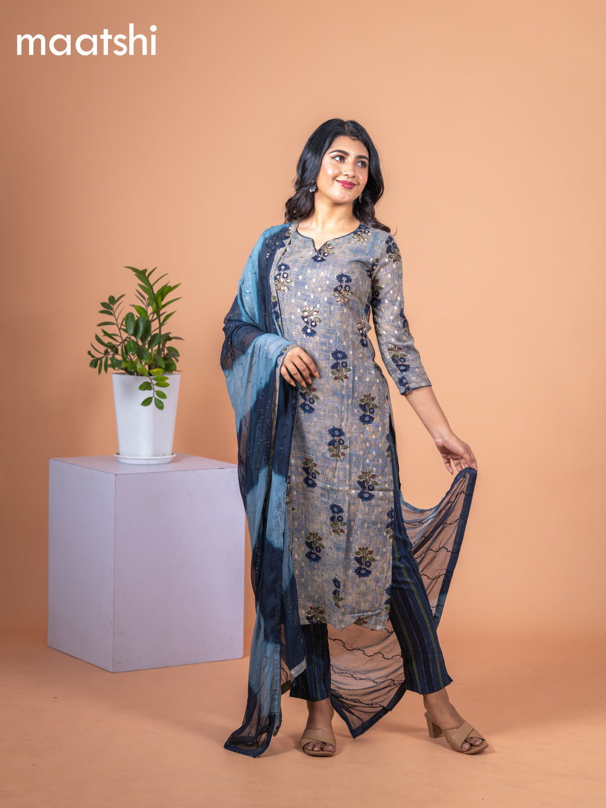 Rayon salwar suit chikku shade and navy blue with floral butta prints & mirror embroidery work and straight cut pant & chiffon sequin work dupatta