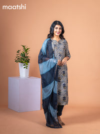 Rayon salwar suit chikku shade and navy blue with floral butta prints & mirror embroidery work and straight cut pant & chiffon sequin work dupatta