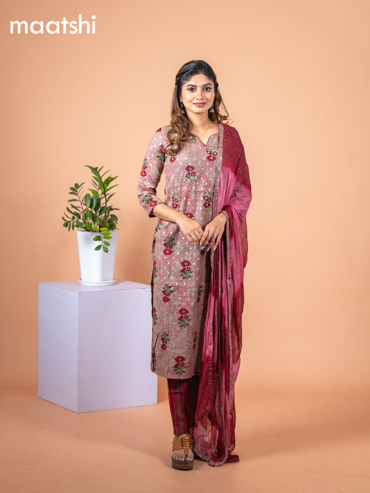 Rayon salwar suit chikku shade and maroon with floral butta prints & mirror embroidery work and straight cut pant & chiffon sequin work dupatta