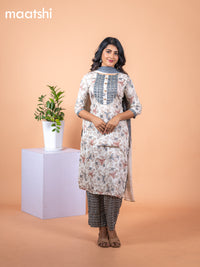 Rayon salwar suit cream and dark grey with allover prints & gotapatti lace work neck pattern and straight cut pant & chiffon embroidery work dupatta