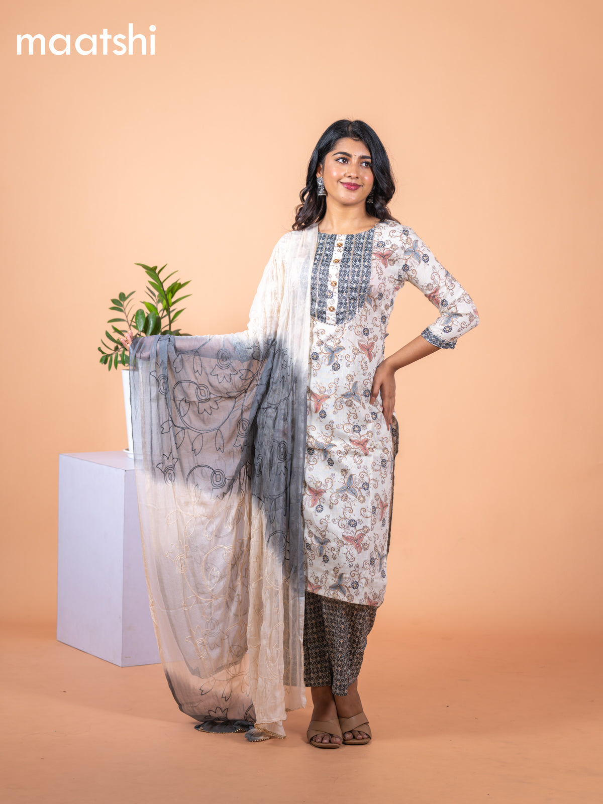 Rayon salwar suit cream and dark grey with allover prints & gotapatti lace work neck pattern and straight cut pant & chiffon embroidery work dupatta