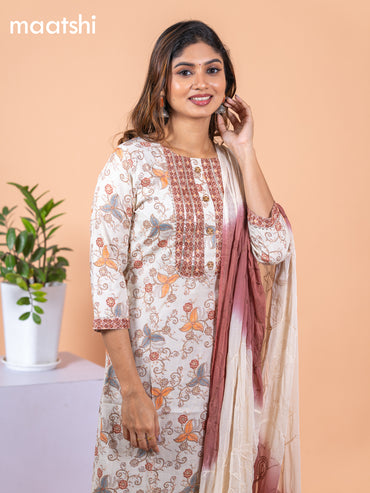 Rayon salwar suit cream and brown with allover prints & gotapatti lace work neck pattern and bottom & chiffon embroidery work dupatta