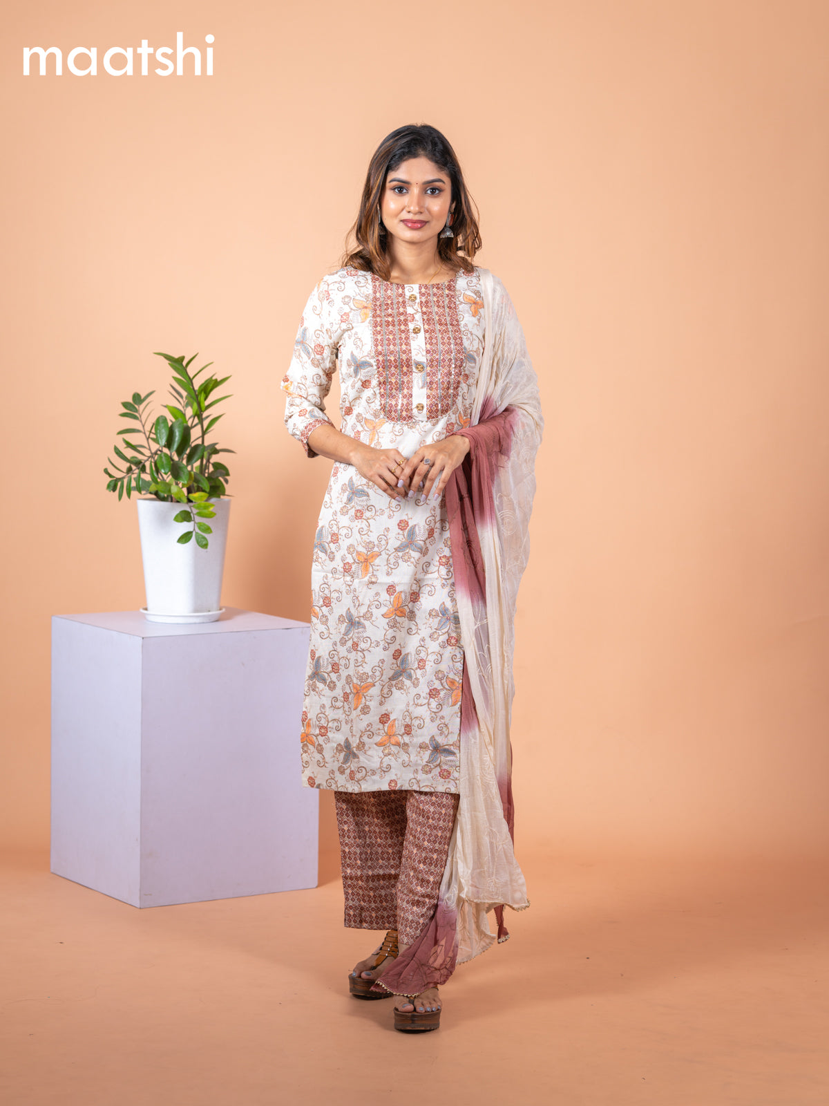 Rayon salwar suit cream and brown with allover prints & gotapatti lace work neck pattern and bottom & chiffon embroidery work dupatta