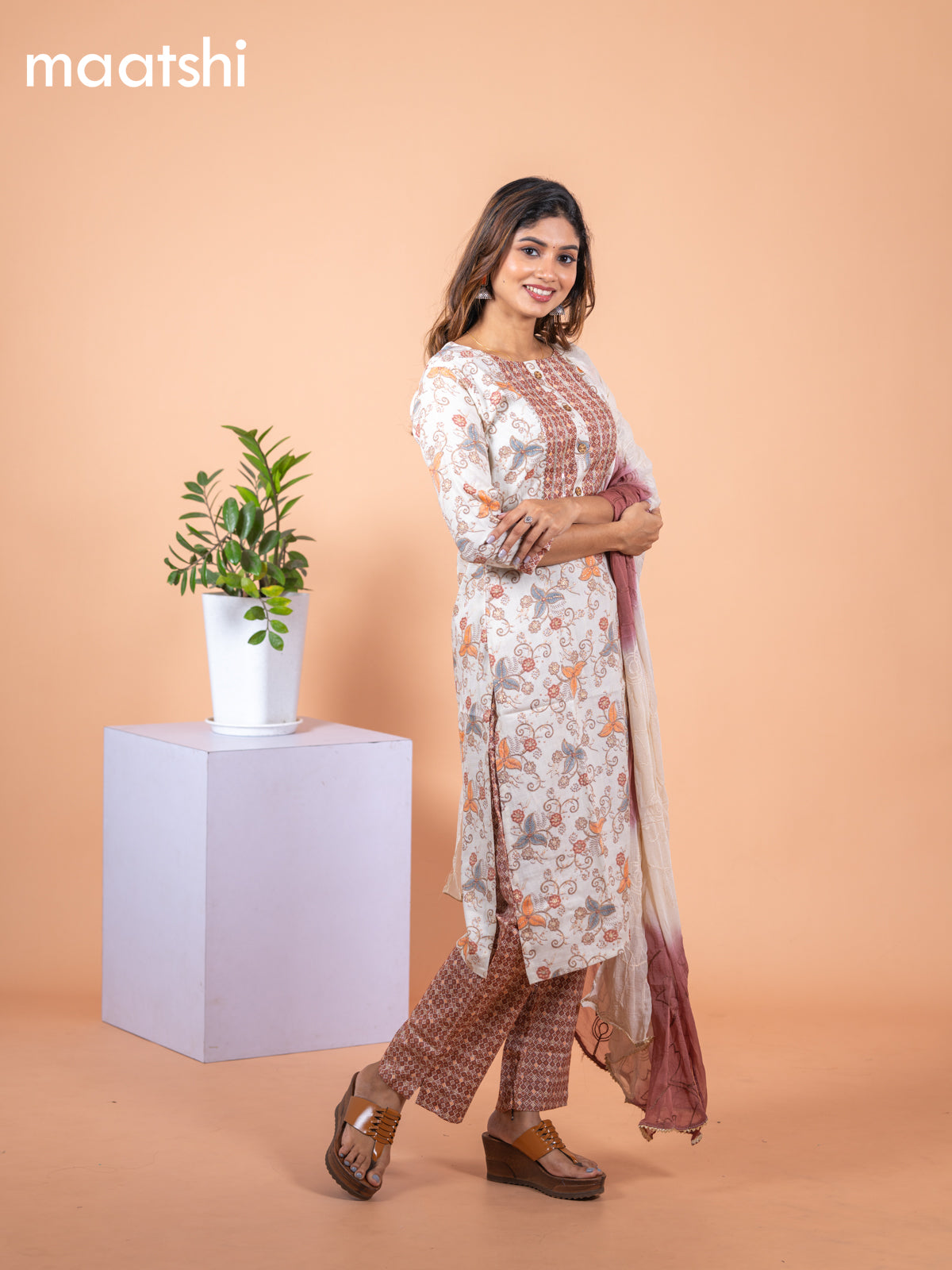 Rayon salwar suit cream and brown with allover prints & gotapatti lace work neck pattern and bottom & chiffon embroidery work dupatta