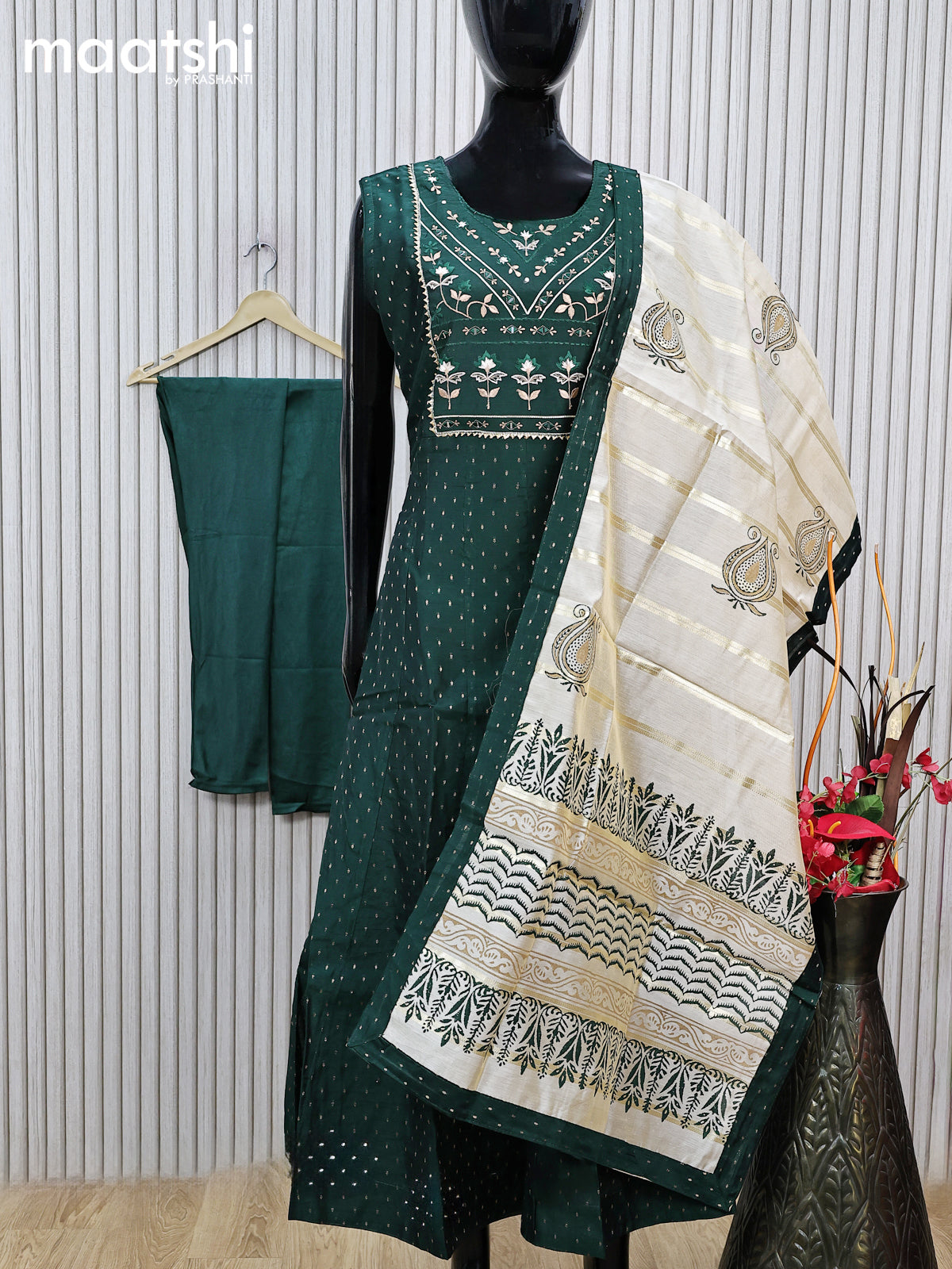 Raw silk readymade anarkali salwar suit bottle green with allover zari buttas & mirror embroidery work neck pattern and straight cut pant & printed dupatta sleeve attached