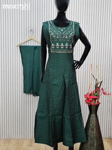 Raw silk readymade anarkali salwar suit bottle green with allover zari buttas & mirror embroidery work neck pattern and straight cut pant & printed dupatta sleeve attached