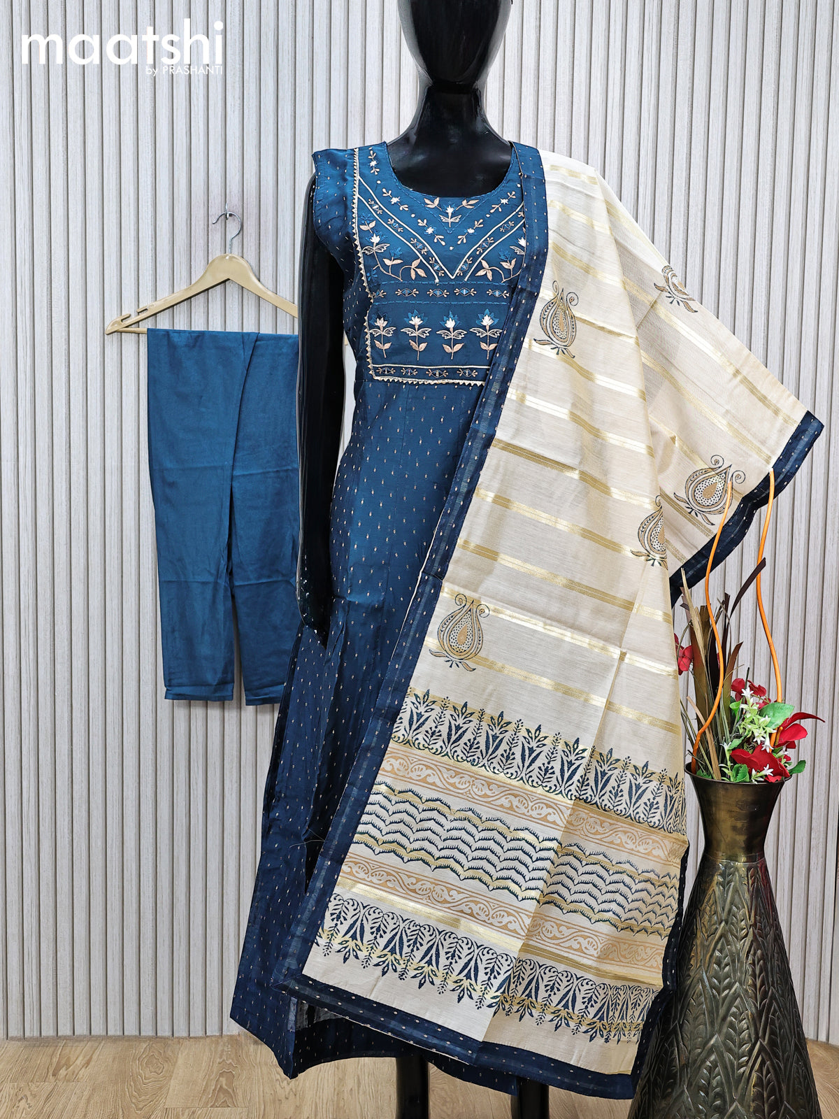 Raw silk readymade anarkali salwar suit peacock blue with allover zari buttas & mirror embroidery work neck pattern and straight cut pant & printed dupatta sleeve attached