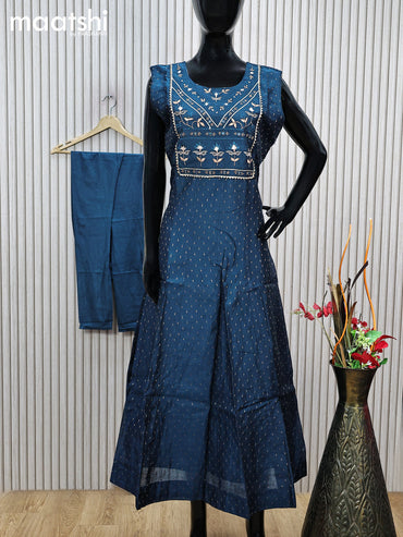 Raw silk readymade anarkali salwar suit peacock blue with allover zari buttas & mirror embroidery work neck pattern and straight cut pant & printed dupatta sleeve attached