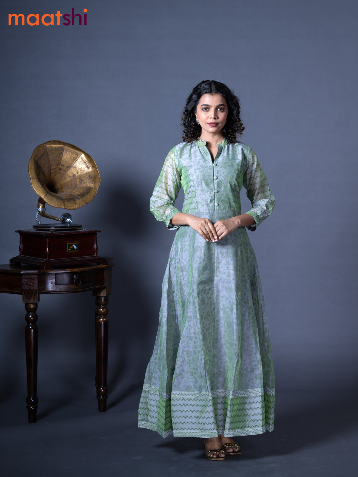 Chanderi readymade floor length kurti dual shade of greyish green with allover prints & embroidery work neck pattern without pant