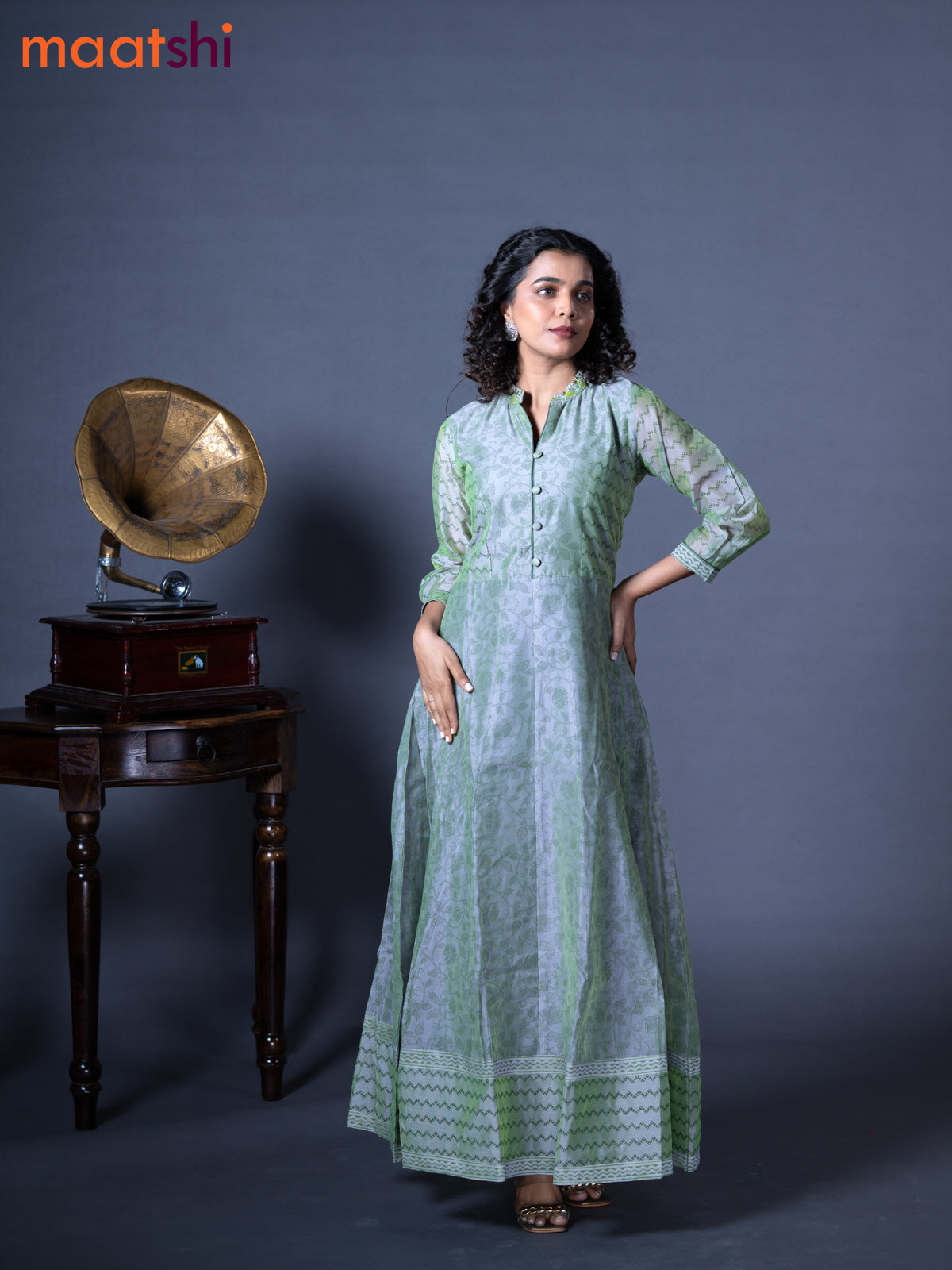 Chanderi readymade floor length kurti dual shade of greyish green with allover prints & embroidery work neck pattern without pant