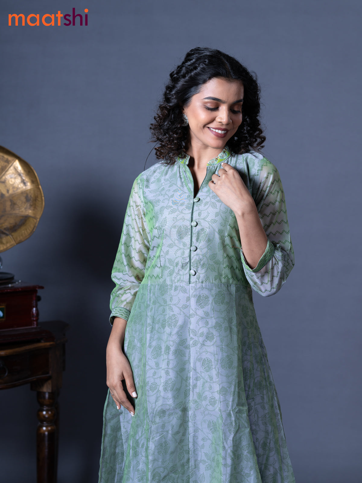 Chanderi readymade floor length kurti dual shade of greyish green with allover prints & embroidery work neck pattern without pant