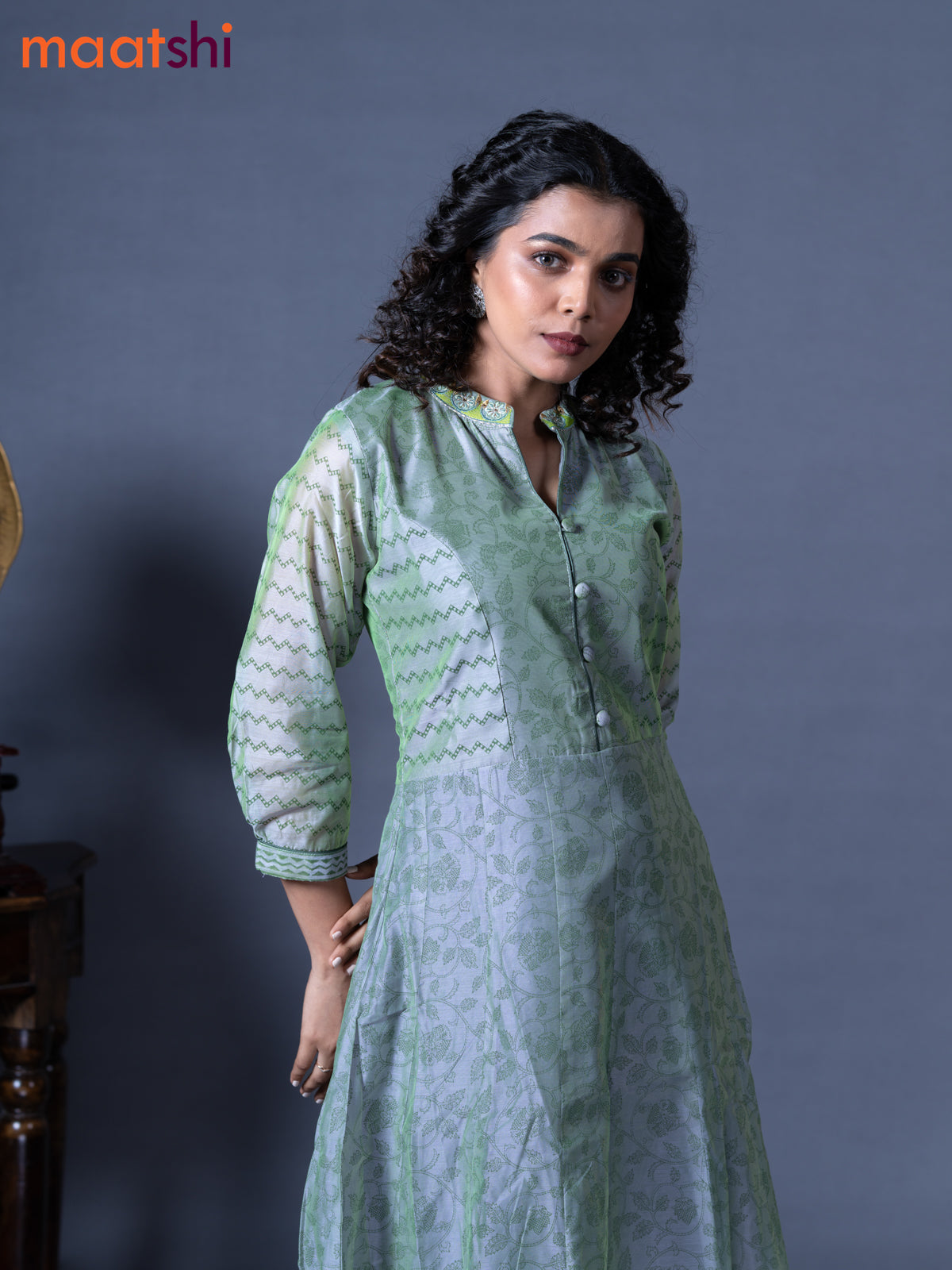 Chanderi readymade floor length kurti dual shade of greyish green with allover prints & embroidery work neck pattern without pant