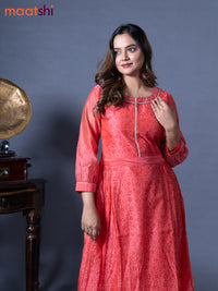 Chanderi readymade floor length kurti peach red with allover prints & embroidery work neck pattern without pant