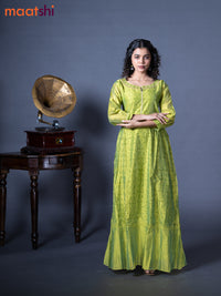 Chanderi readymade floor length kurti light green with allover prints & embroidery work neck pattern without pant