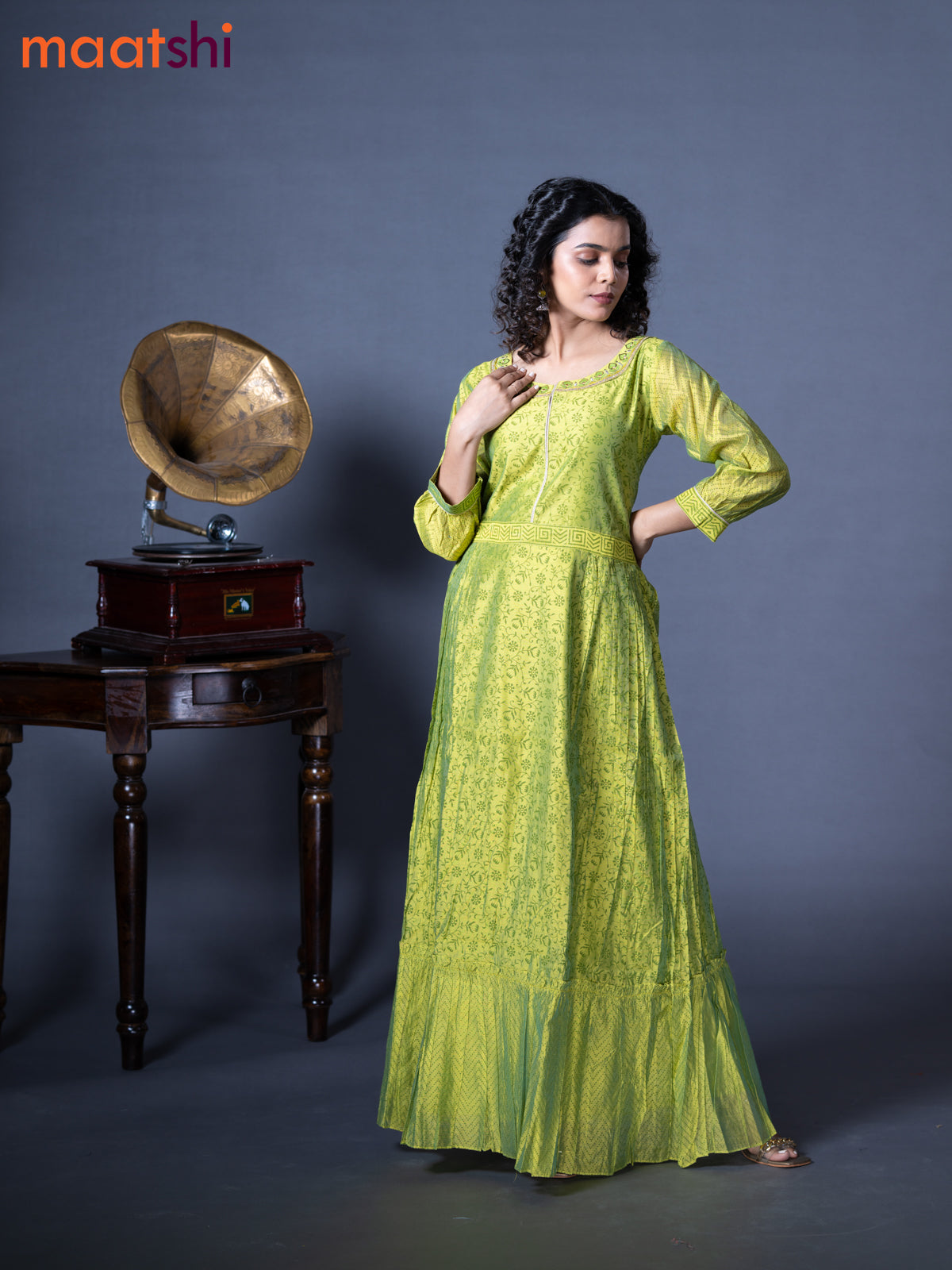 Chanderi readymade floor length kurti light green with allover prints & embroidery work neck pattern without pant