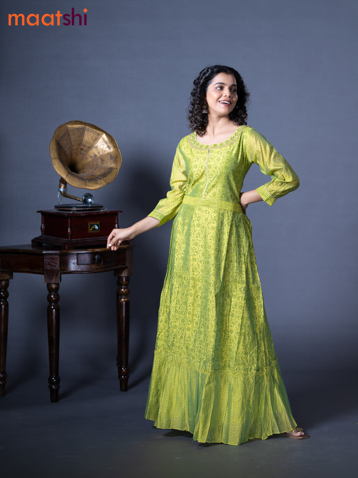 Chanderi readymade floor length kurti light green with allover prints & embroidery work neck pattern without pant