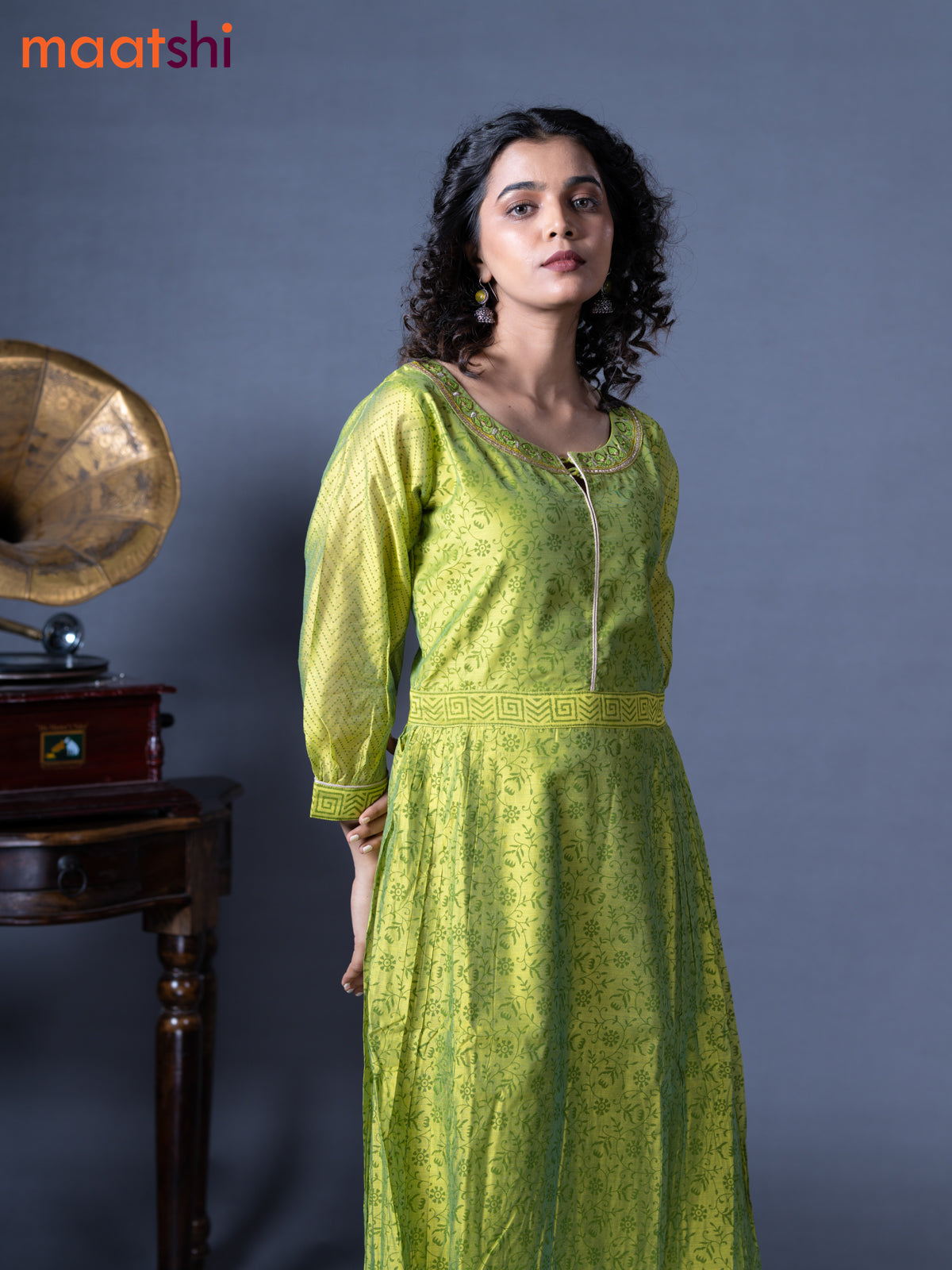 Chanderi readymade floor length kurti light green with allover prints & embroidery work neck pattern without pant