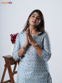 Muslin kurti grey with bandhani prints & mirror work neck pattern and straight cut pant