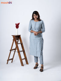 Muslin kurti grey with bandhani prints & mirror work neck pattern and straight cut pant