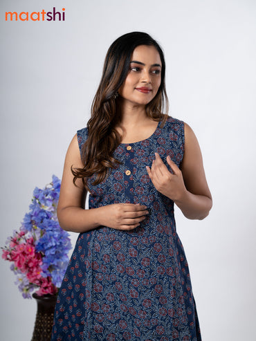 Cotton anarkali kurti dark blue with allover floral prints & simple patch work neck pattern without pant - sleeve attached