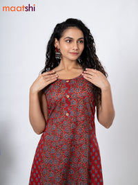 Cotton anarkali kurti maroon with allover floral prints & simple patch work neck pattern without pant - sleeve attached