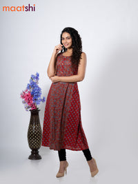 Cotton anarkali kurti maroon with allover floral prints & simple patch work neck pattern without pant - sleeve attached