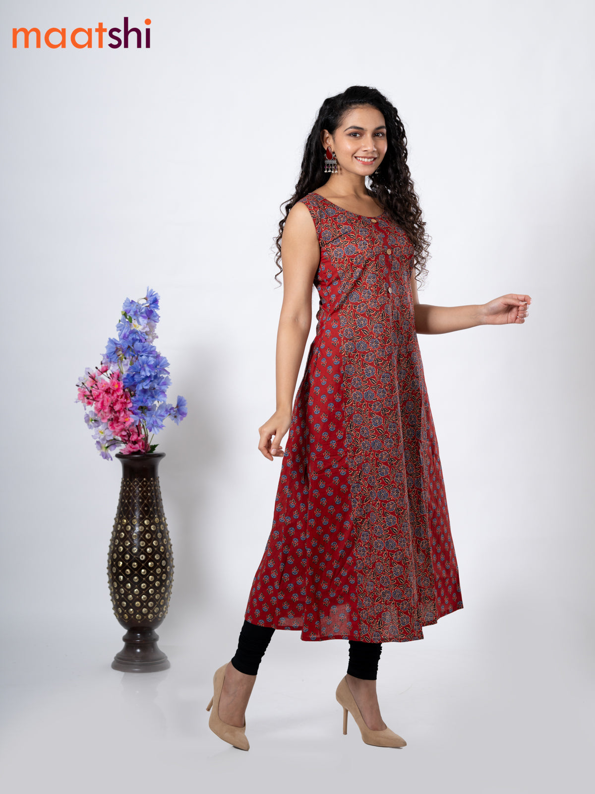 Cotton anarkali kurti maroon with allover floral prints & simple patch work neck pattern without pant - sleeve attached