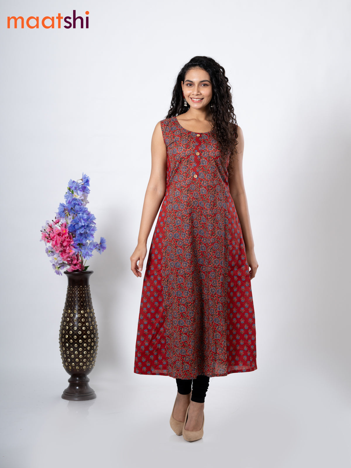 Cotton anarkali kurti maroon with allover floral prints & simple patch work neck pattern without pant - sleeve attached