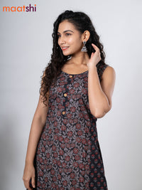 Cotton anarkali kurti black with allover floral prints & simple patch work neck pattern without pant - sleeve attached