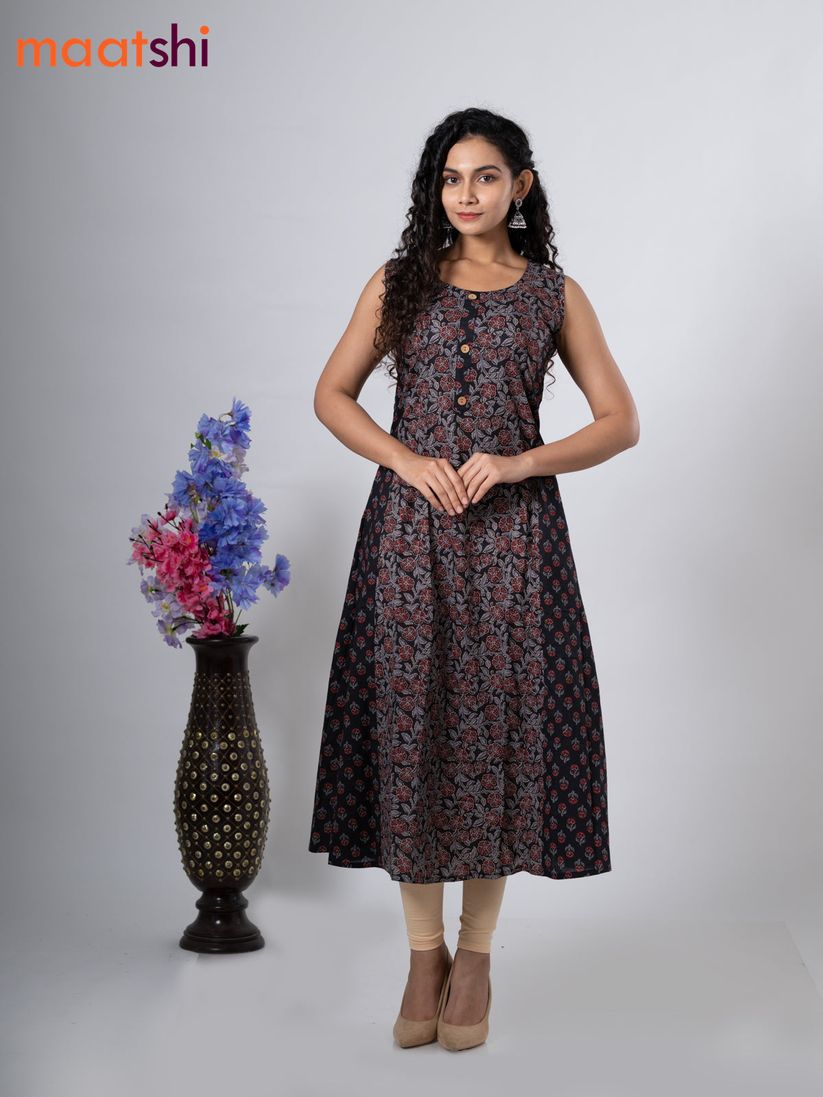 Cotton anarkali kurti black with allover floral prints & simple patch work neck pattern without pant - sleeve attached