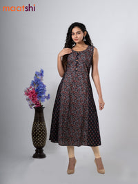 Cotton anarkali kurti black with allover floral prints & simple patch work neck pattern without pant - sleeve attached