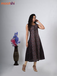 Cotton anarkali kurti black with allover floral prints & simple patch work neck pattern without pant - sleeve attached