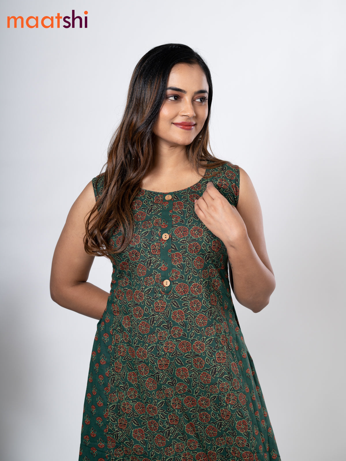 Cotton anarkali kurti green with allover floral prints & simple patch work neck pattern without pant - sleeve attached