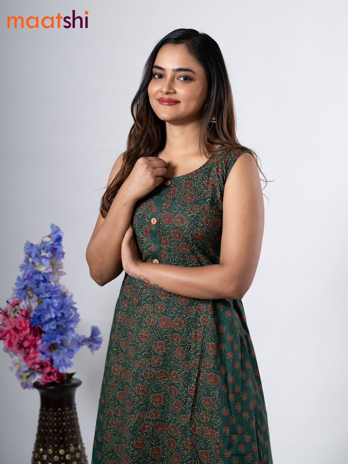 Cotton anarkali kurti green with allover floral prints & simple patch work neck pattern without pant - sleeve attached