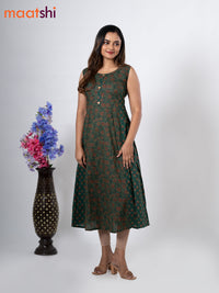 Cotton anarkali kurti green with allover floral prints & simple patch work neck pattern without pant - sleeve attached