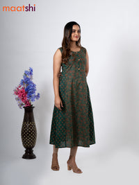 Cotton anarkali kurti green with allover floral prints & simple patch work neck pattern without pant - sleeve attached